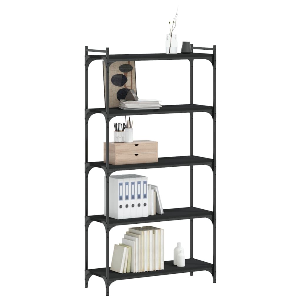 vidaXL Freestanding 5-Tier Bookcase – Engineered Wood and Metal Construction, Black Finish, Industrial Style, Ample Storage Space