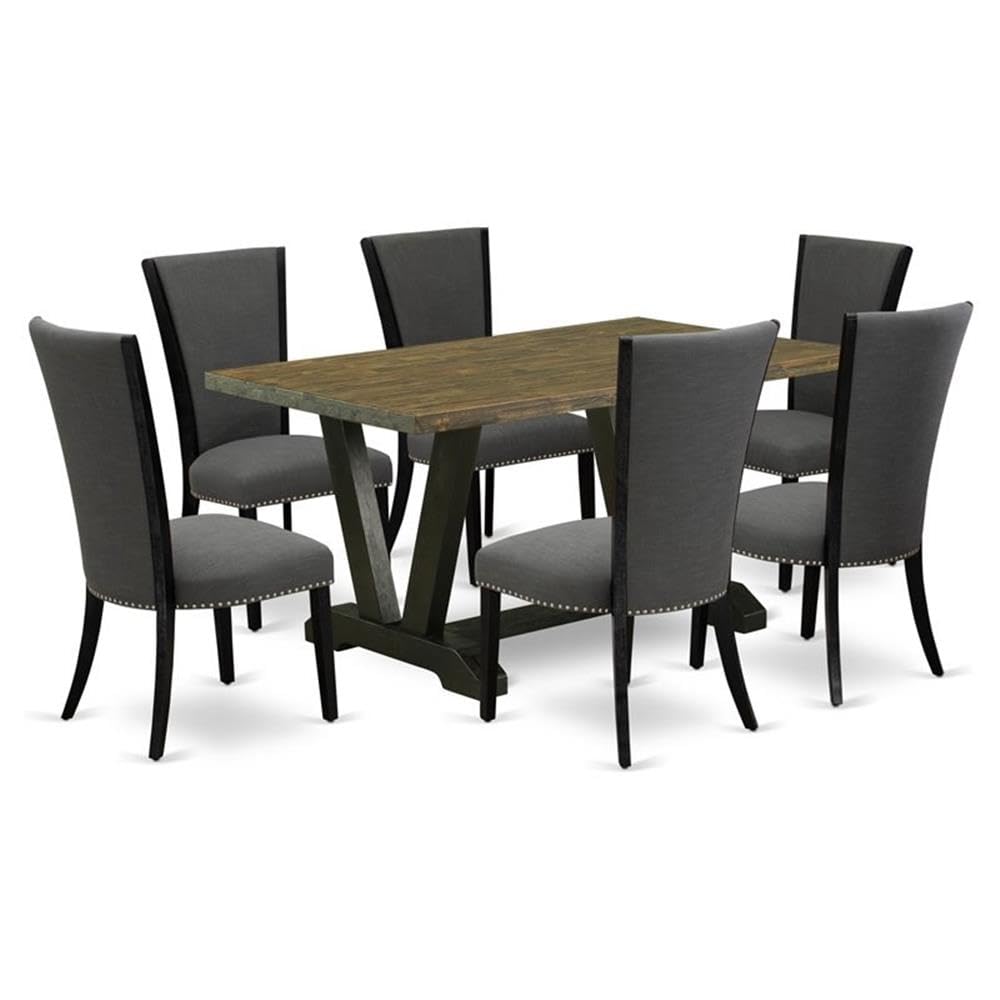 East West Furniture 7-Piece Mid-Century Modern Dining Set - Distressed Jacobean Wood Table & Dark Gotham Grey Linen Fabric Chairs