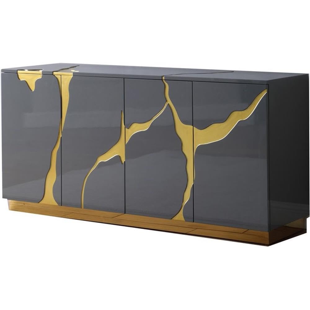 Best Master Furniture Taylor High Gloss Lacquer Sideboard/Buffet With Gold Trim, Grey