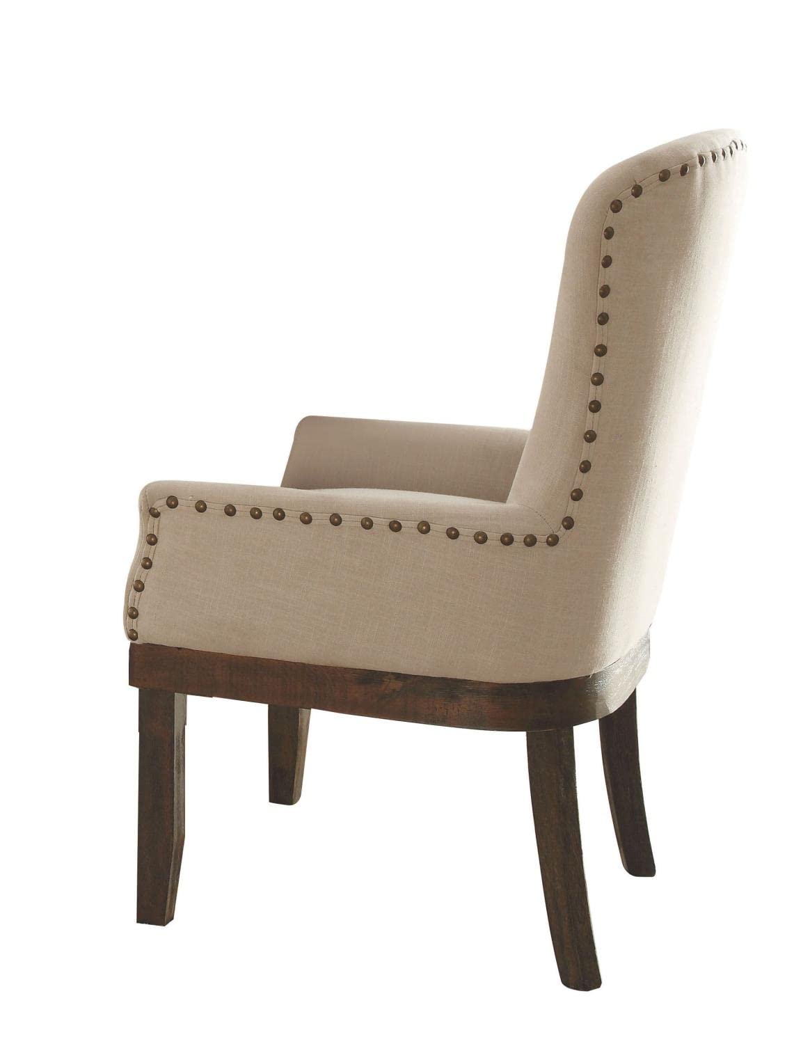 Acme Landon Linen Arm Chair with NailHead Trim in Beige and Salvage Brown
