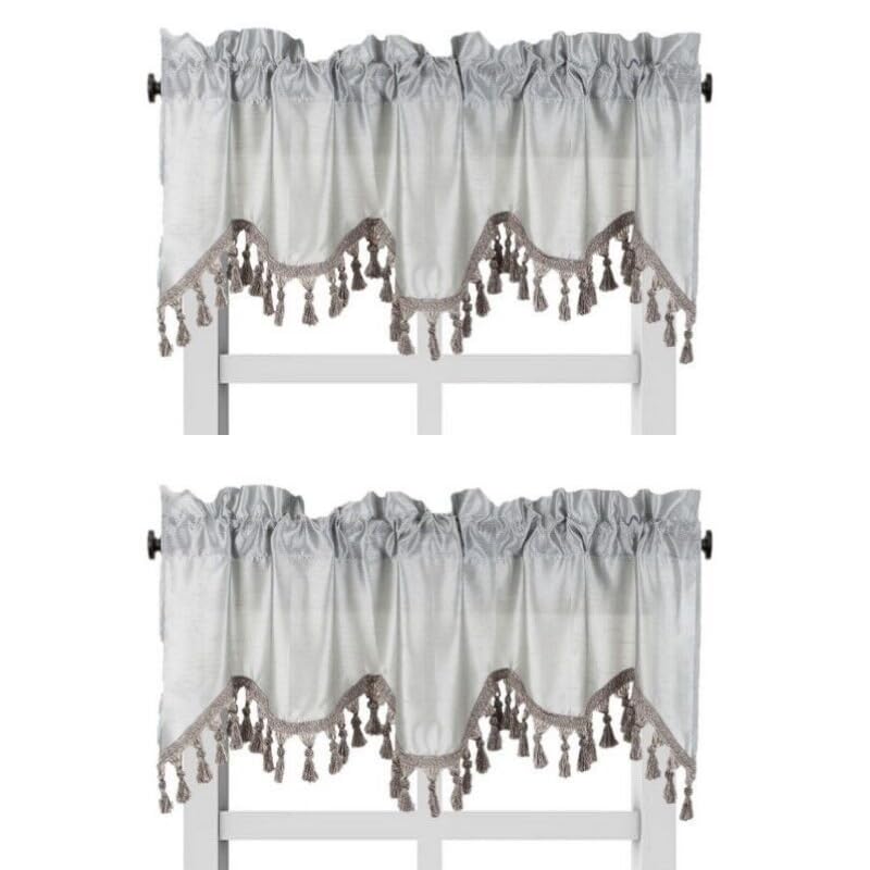 Solid Faux Silk Swag Waterfall Cascade Ascot Window Curtain Valance W/Tassels Trim 55' X18' Wave (2, Silver Gray)