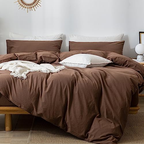 Moomee Bedding Duvet Cover Set 100% Washed Cotton Linen Like Textured Breathable Durable Soft Comfy (Cocoa Brown, Queen)