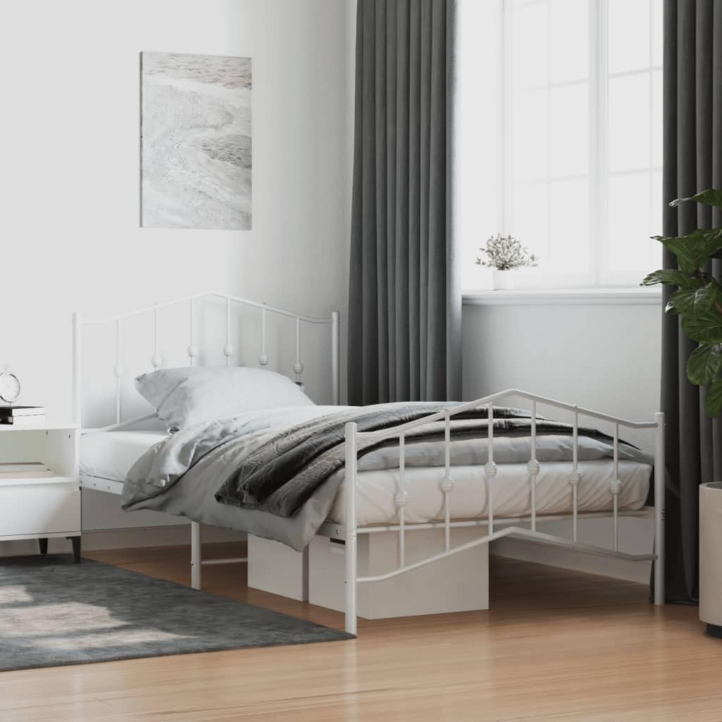 vidaXL Robust Metal Bed Frame with Functional Headboard and Footboard, Convenient Underneath Storage Space - Suitable for 39.4&quot;x78.7&quot; Mattress, Stylish White Steel Construction
