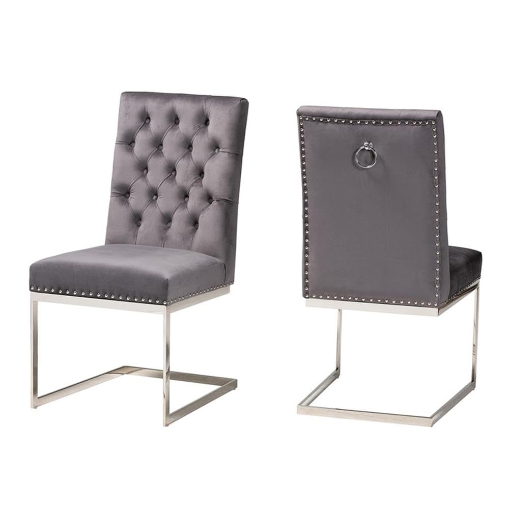 Baxton Studio Sherine Contemporary Glam and Luxe Grey Velvet Fabric and Silver Metal 2-Piece Dining Chair Set