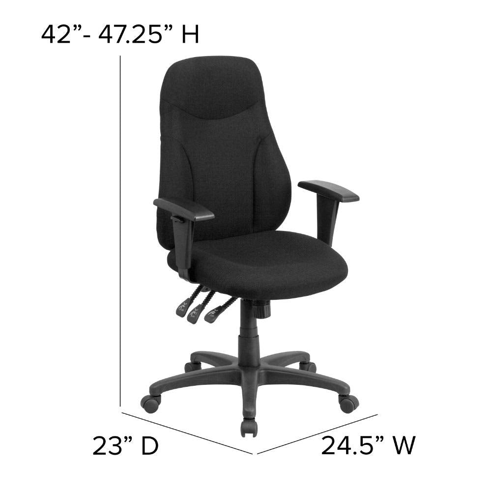 Flash Furniture Hughes High Back Black Fabric Multifunction Swivel Ergonomic Task Office Chair with Adjustable Arms