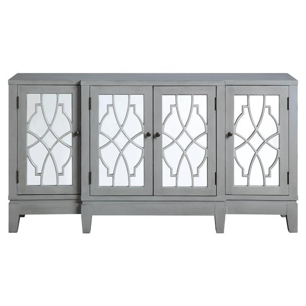 Acme Magdi Wooden Console Table with 4 Mirrored Doors in Antique Gray