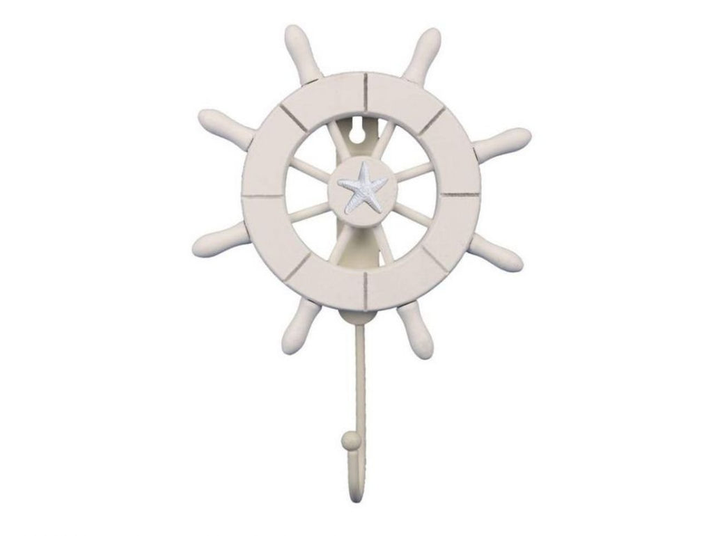 Handcrafted Nautical Decor White Decorative Ship Wheel with Starfish with Hook 6'' - Wooden Ships Wheel - B
