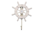 Handcrafted Nautical Decor White Decorative Ship Wheel with Starfish with Hook 6'' - Wooden Ships Wheel - B