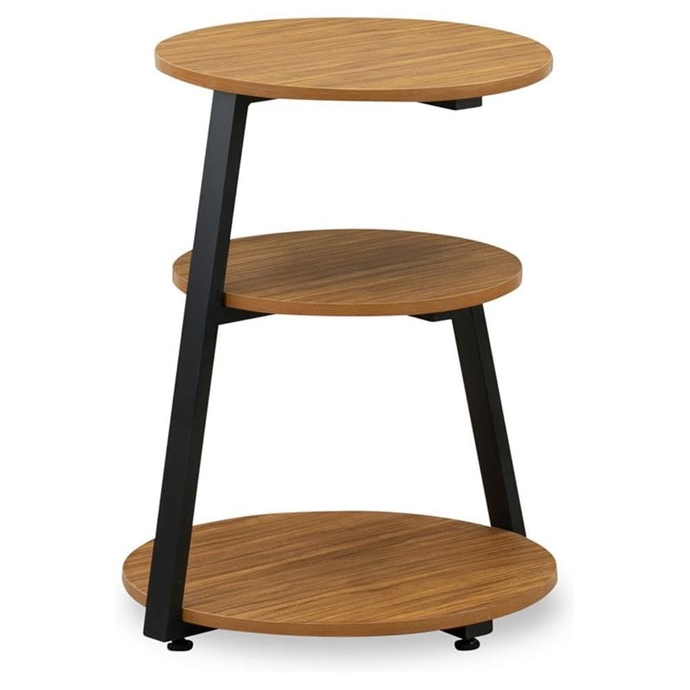 East West Furniture DCETB01 Driscoll Bedside End Table - Round Night Stand with 3 Tier for Living Room, 22 Inch Inch, Powder Coating Black Frame and Brown Wood Laminate Top