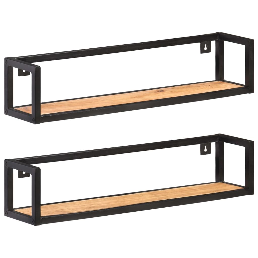 vidaXL Wall Shelves, Pair of 31.5&quot; Solid Acacia Wood with Black Powder-Coated Iron Frame - Durable Industrial Style Wall Mounted Storage and Decor