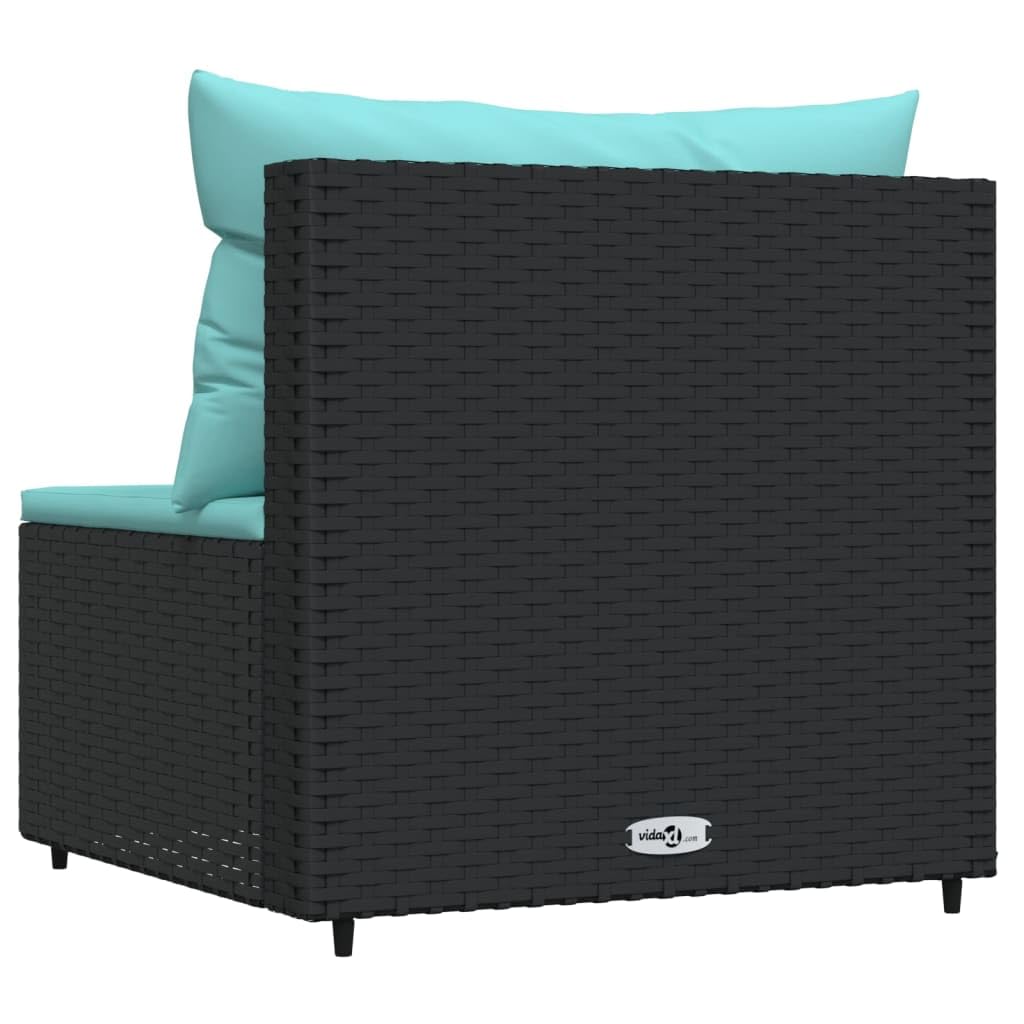 vidaXL Black Patio Middle Sofa with Water Blue Cushions - Weather Resistant PE Rattan, Powder-Coated Steel Frame, and Modern Modular Design for Outdoor Use