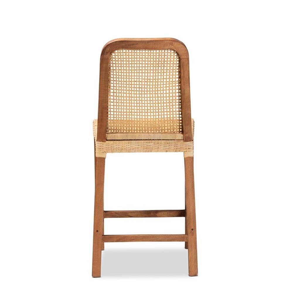 Baxton Studio Caspia Mid-Century Modern Walnut Brown Finished Wood and Natural Rattan Counter Stool