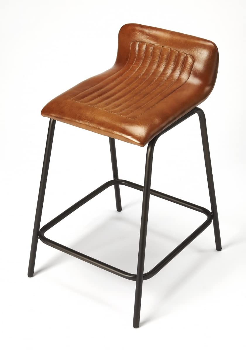 HomeRoots Dark Brown Black Iron Finish, Urethane Foam, Leather Brown Leather and Metal Counter Stool