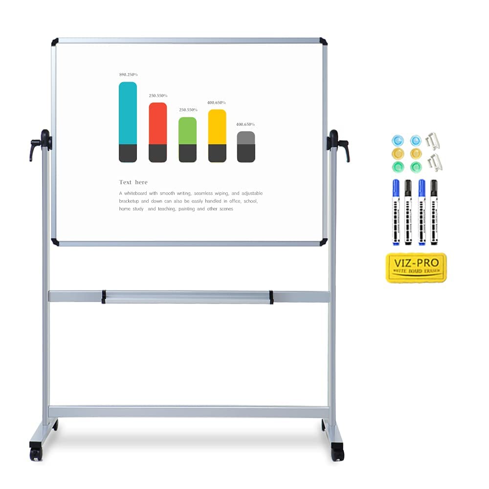 Viz-Pro Double-Sided Magnetic Mobile Whiteboard, 48 X 32 Inches, Aluminium Frame And Stand