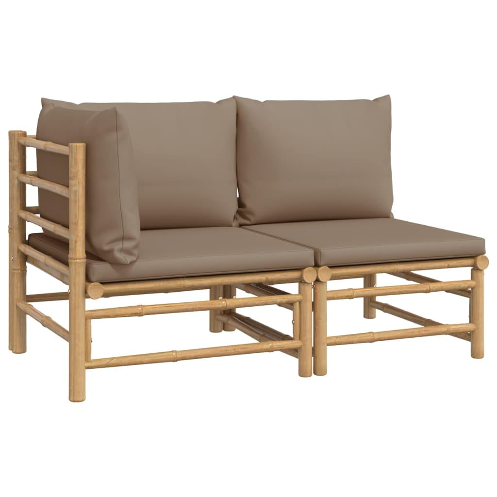 vidaXL 2 Piece Outdoor Patio Lounge Set with Thickly Padded Taupe Cushions Made of Bamboo in Natural Finish and Modular Design