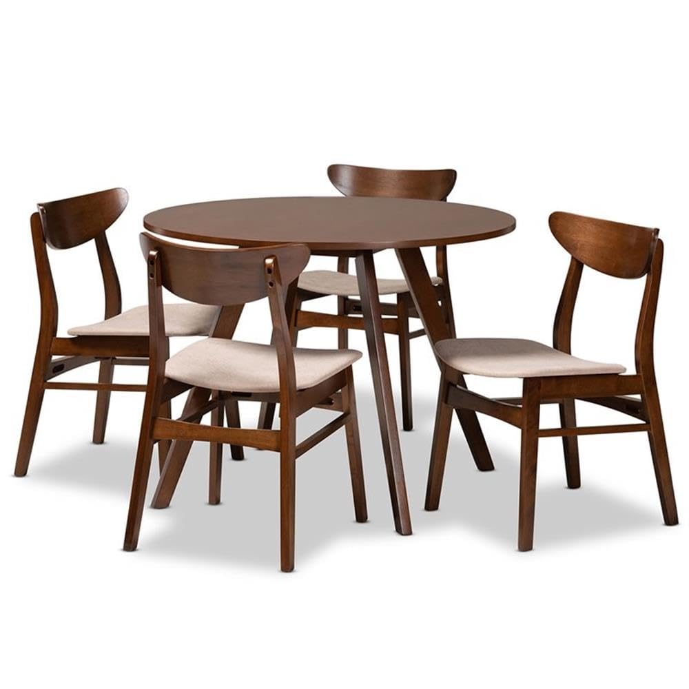 Baxton Studio 5-Piece Philip Light Beige and Walnut Brown Dining Table Set, Round Wood/Light Beige and Walnut Brown