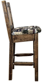 Montana Woodworks Homestead Collection Counter Height Barstool with Upholstered Seat, Woodland Pattern, Laser Engraved Bronc Design, Stained & Lacquered