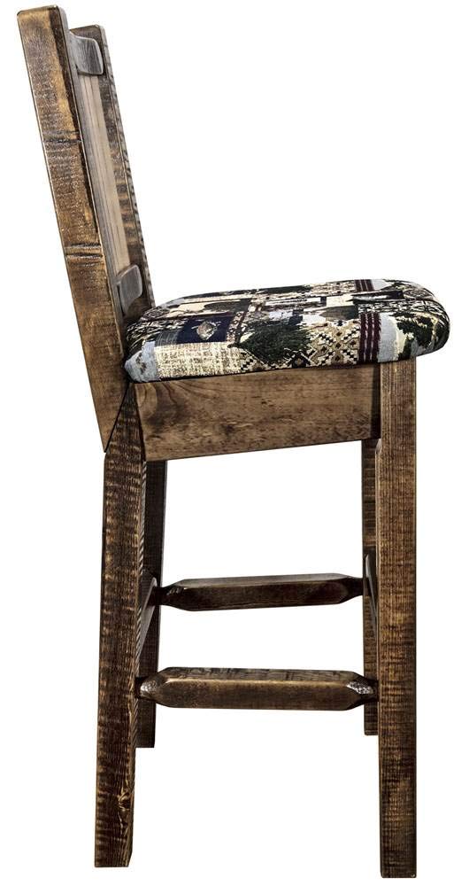 Montana Woodworks Homestead Collection Counter Height Barstool with Upholstered Seat, Woodland Pattern, Laser Engraved Bronc Design, Stained & Lacquered