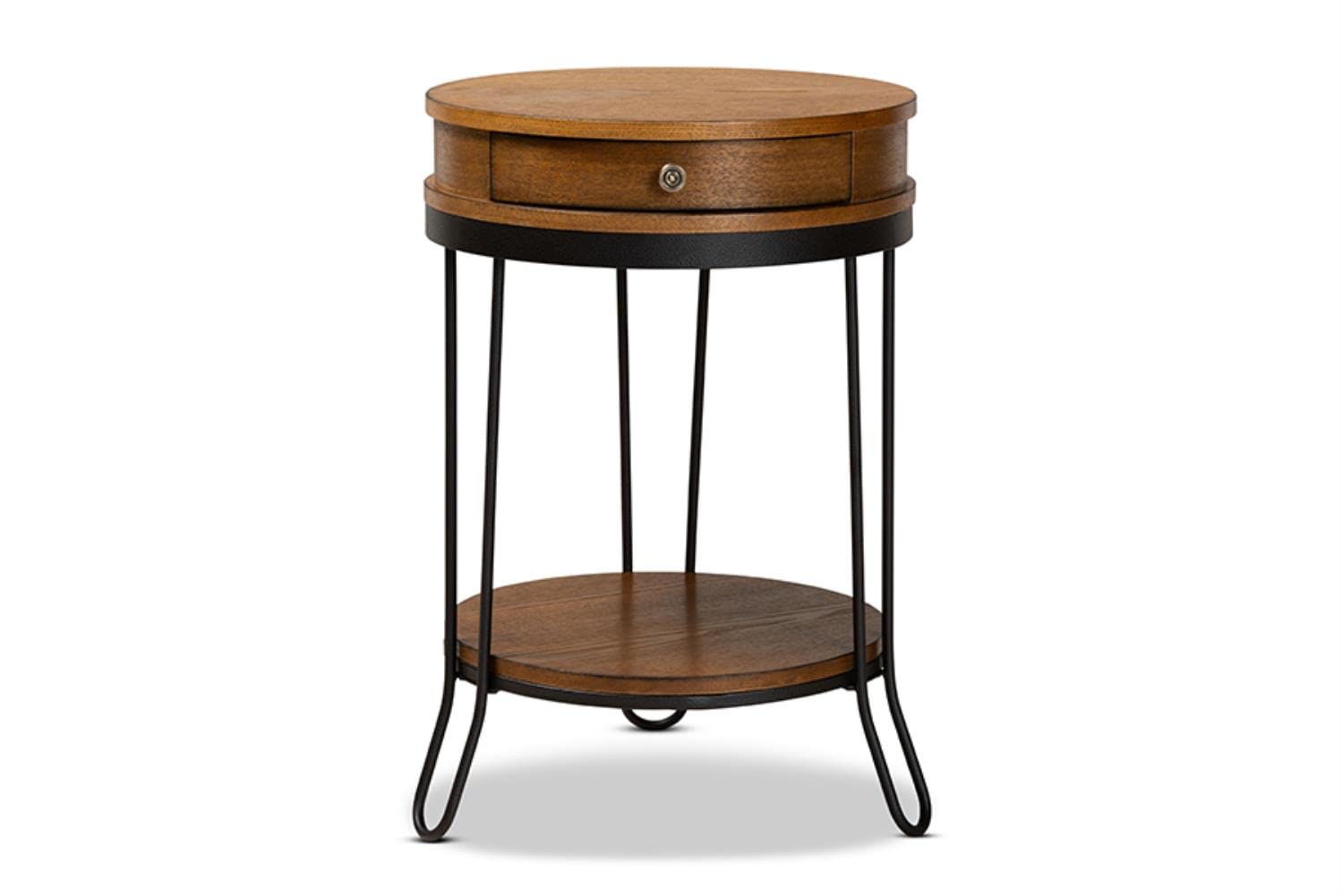 Baxton Studio Brown Finished Wood and Black Finished 1-Drawer Metal End Table