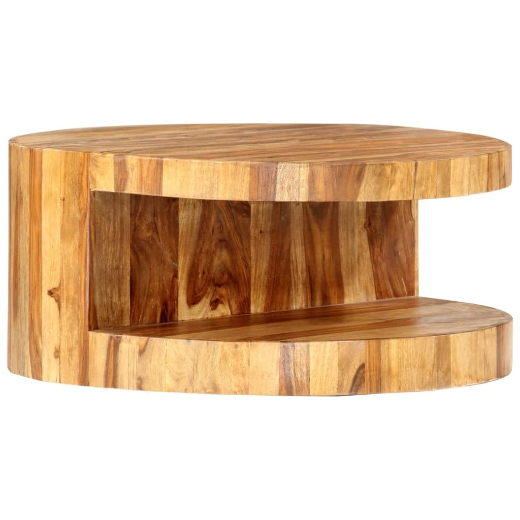 vidaXL Round Solid Sheesham Wood Coffee Table with Bottom Shelf - 25.6&quot; Diameter x 11.8&quot; Height - Polished, Painted and Lacquered - Handmade Bohemian Style Furniture with Natural Wood Grains.