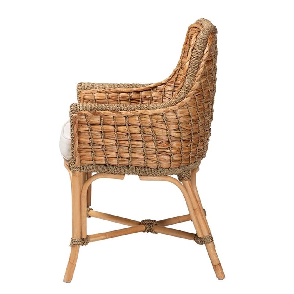 Baxton Studio Kyle Natural Brown Woven Rattan Dining Arm Chair with Cushion
