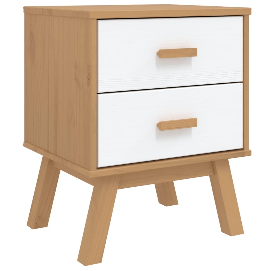 vidaXL Olden Bedside Cabinet - Solid Pine Wood Nightstand, White/Brown, with 2 Drawers, Scandinavian Style, 17.7&quot; x 15.4&quot; x 22.4&quot;