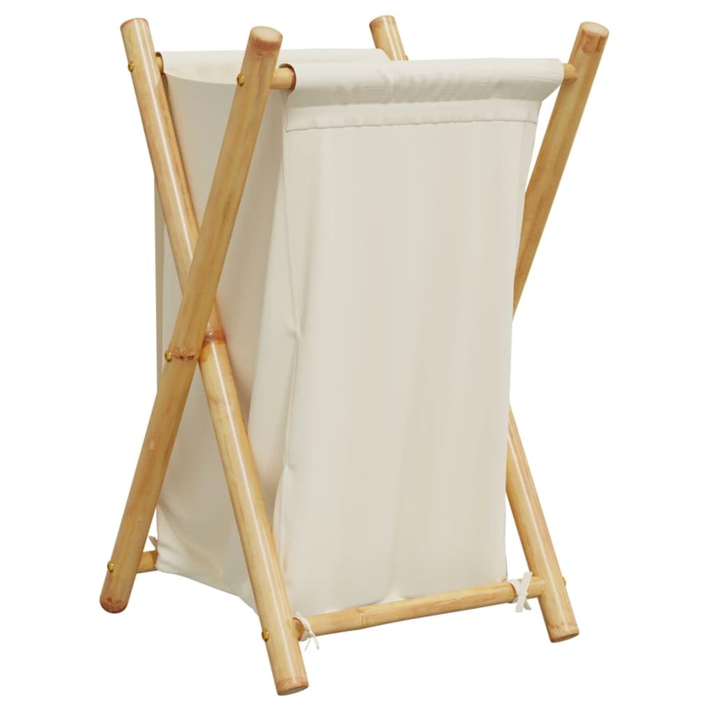 vidaXL Bamboo Laundry Basket – Cream White, Foldable Fabric Hamper, 41.5x36x63.5cm, Breathable Storage for Bedroom/Bathroom