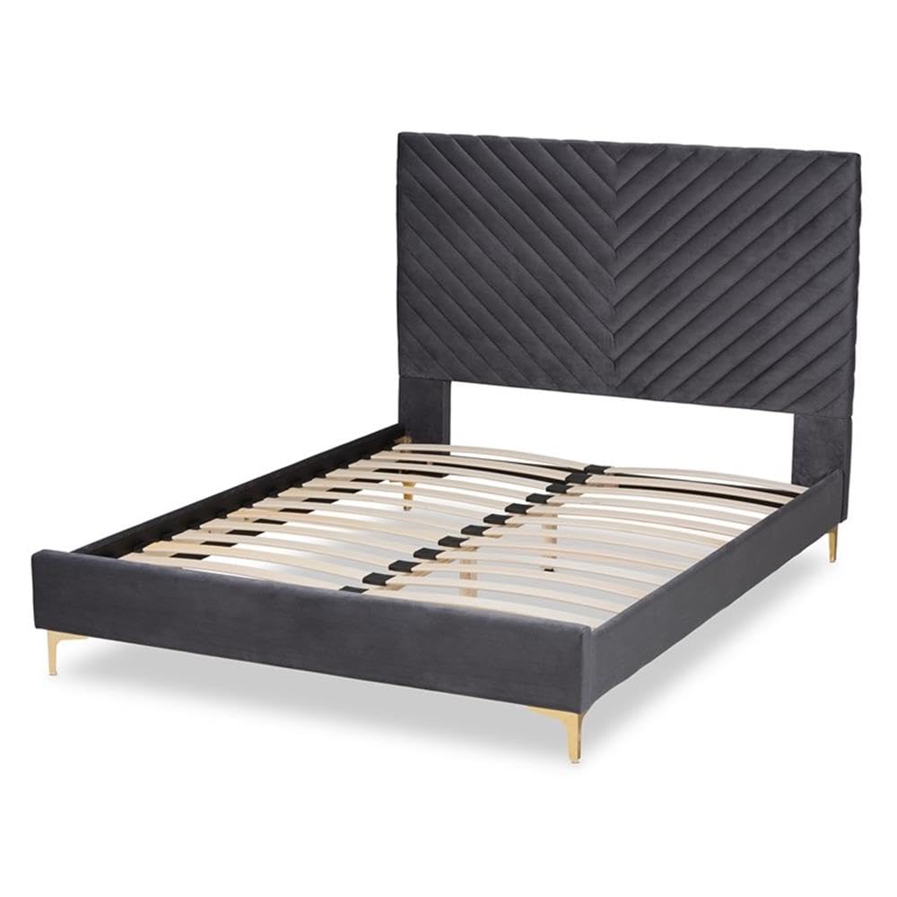 Baxton Studio Fabrico Contemporary Glam and Luxe Grey Velvet Fabric Upholstered and Gold Metal Queen Size Platform Bed