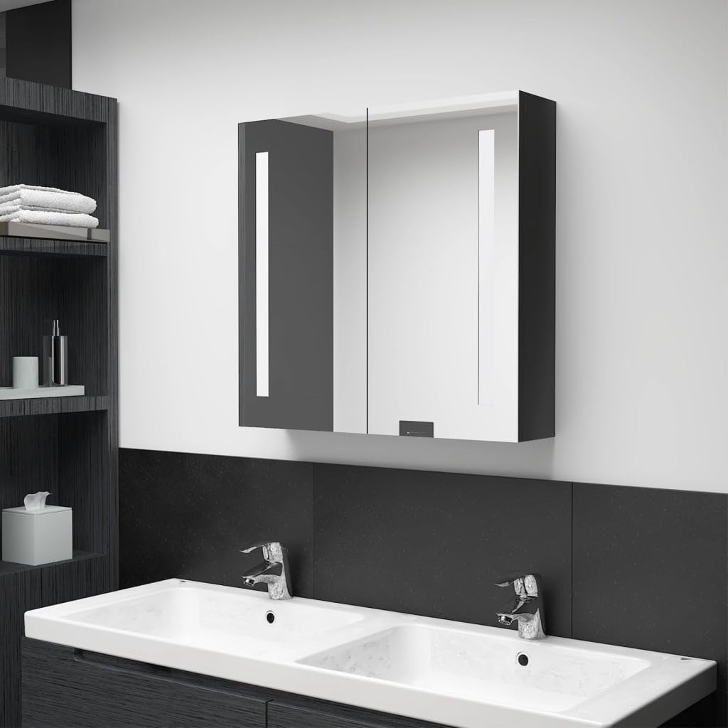 vidaXL Modern LED Bathroom Mirror Cabinet, Wall-Mounted, Shining Black, with Interior Shelves & USB Connector, Energy-Efficient Lightning, MDF Melamine Finish - 24.4&quot;x5.5&quot;x23.6&quot;