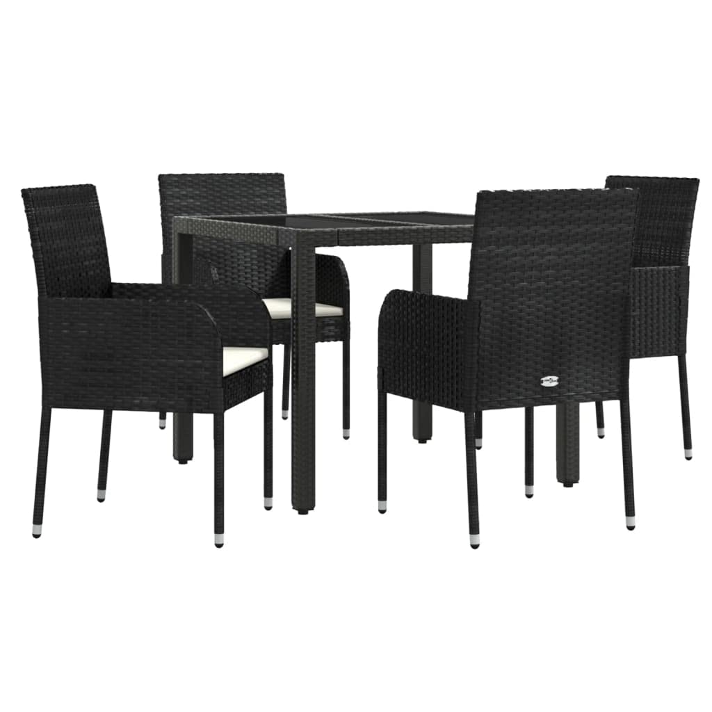 vidaXL Patio Dining Set with Cushions-5 Piece, Black Poly Rattan, Durable Power-Coated Steel Frame, Weather-Resistant, Easy-Clean, Tempered Glass Tabletop