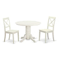 East West Furniture SHBO3-WHI-W 3 Piece Dinette Set for Small Spaces Contains a Round Dining Room Table with Pedestal and 2 Kitchen Dining Chairs, 42x42 Inch, Linen White