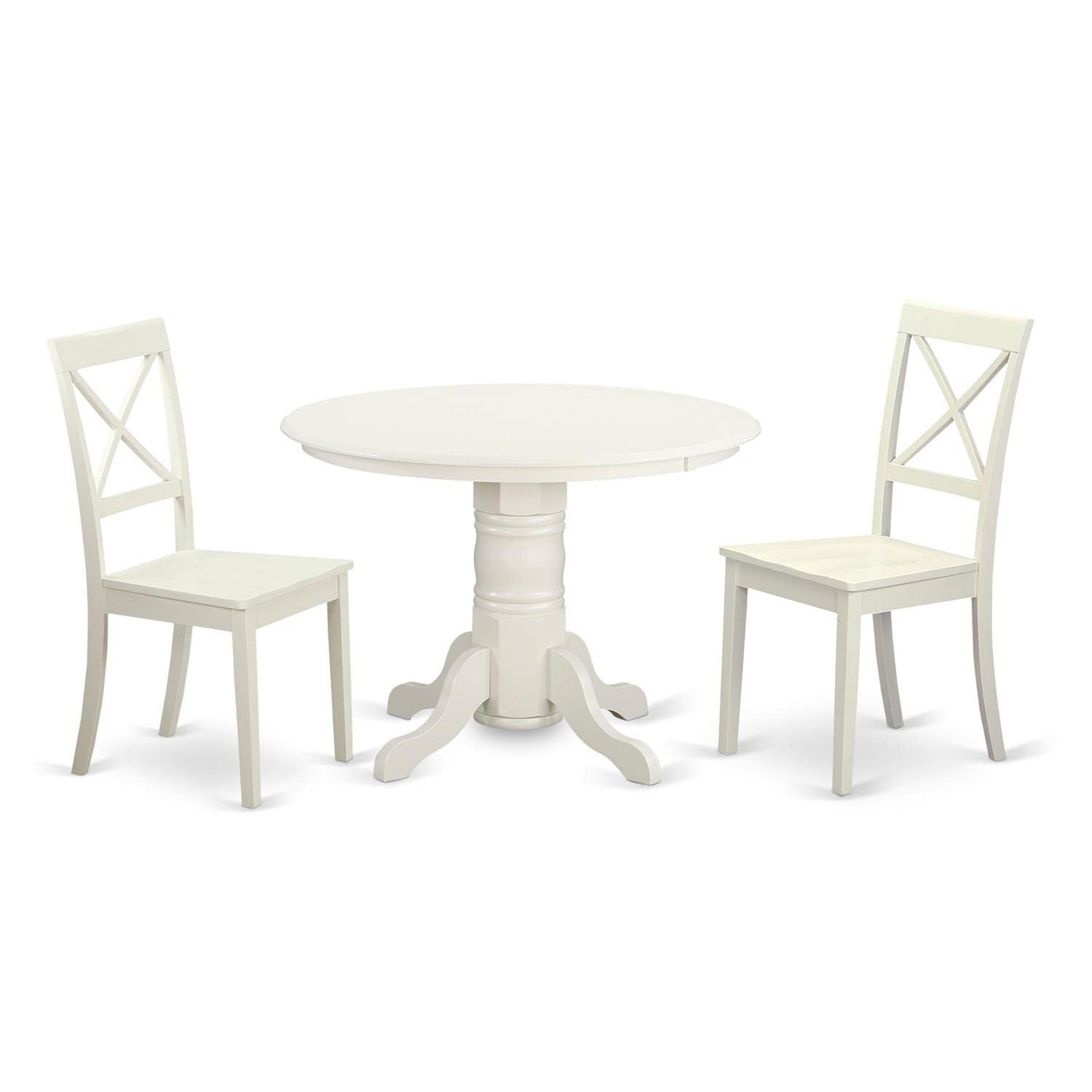 East West Furniture SHBO3-WHI-W 3 Piece Dinette Set for Small Spaces Contains a Round Dining Room Table with Pedestal and 2 Kitchen Dining Chairs, 42x42 Inch, Linen White