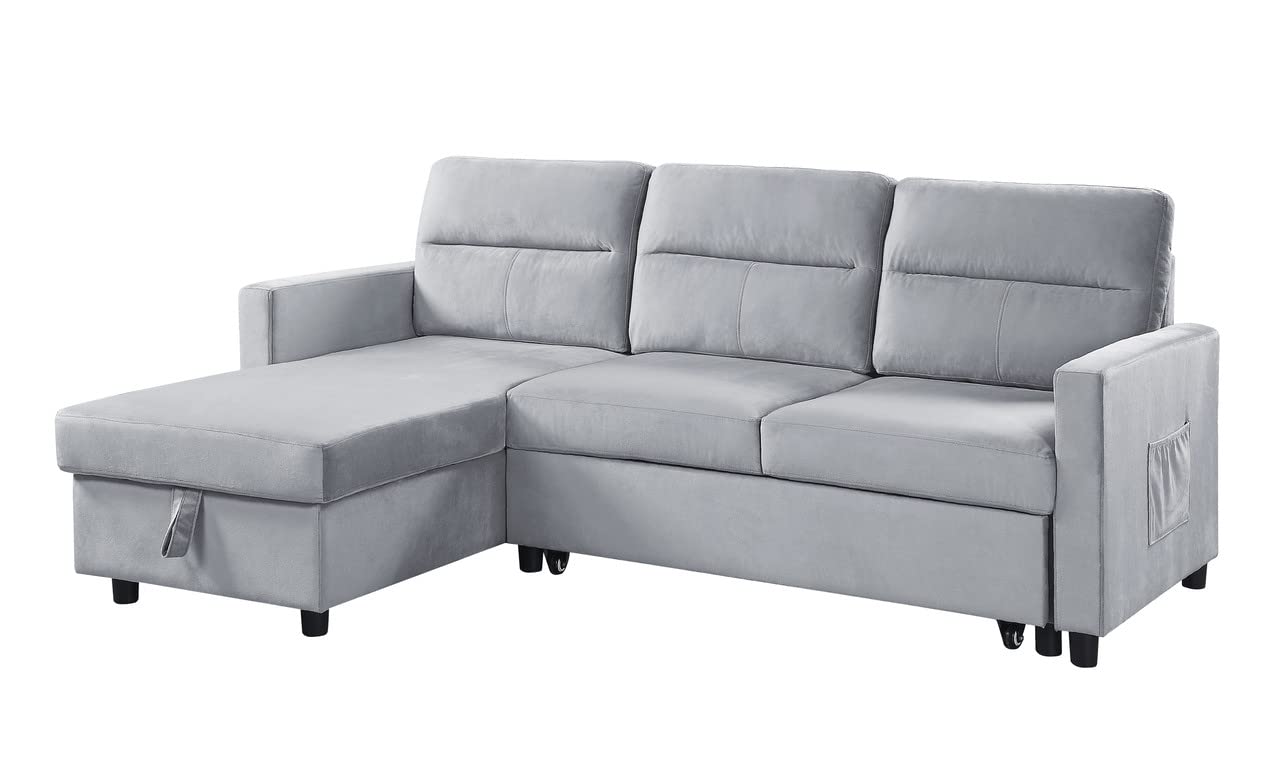 Lilola Home Ruby Light Gray Velvet Reversible Sleeper Sectional Sofa with Storage Chaise and Side Pocket