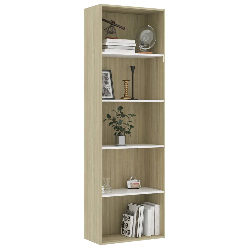 vidaXL Bookshelf, 5-Tier Book Cabinet Bookcase, Wall Bookshelf for Office, Freestanding Shelving Unit, Modern, White and Sonoma Oak Engineered Wood
