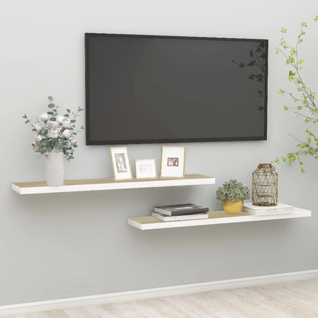 vidaXL Floating Wall Shelves 2 pcs Oak and White 47.2&quot;x9.3&quot;x1.5&quot; MDF