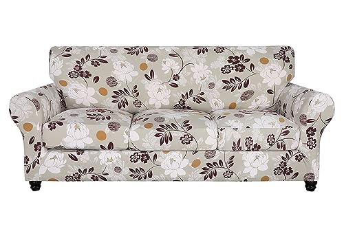Searchi Stretch Sofa Cover Printed Couch Cover, Floral Pattern 4 Pieces Sofa Slipcover With 3 Separate Cushion Cover, Washable Furniture Protector For Living Room(Sofa, Brown Flowers)