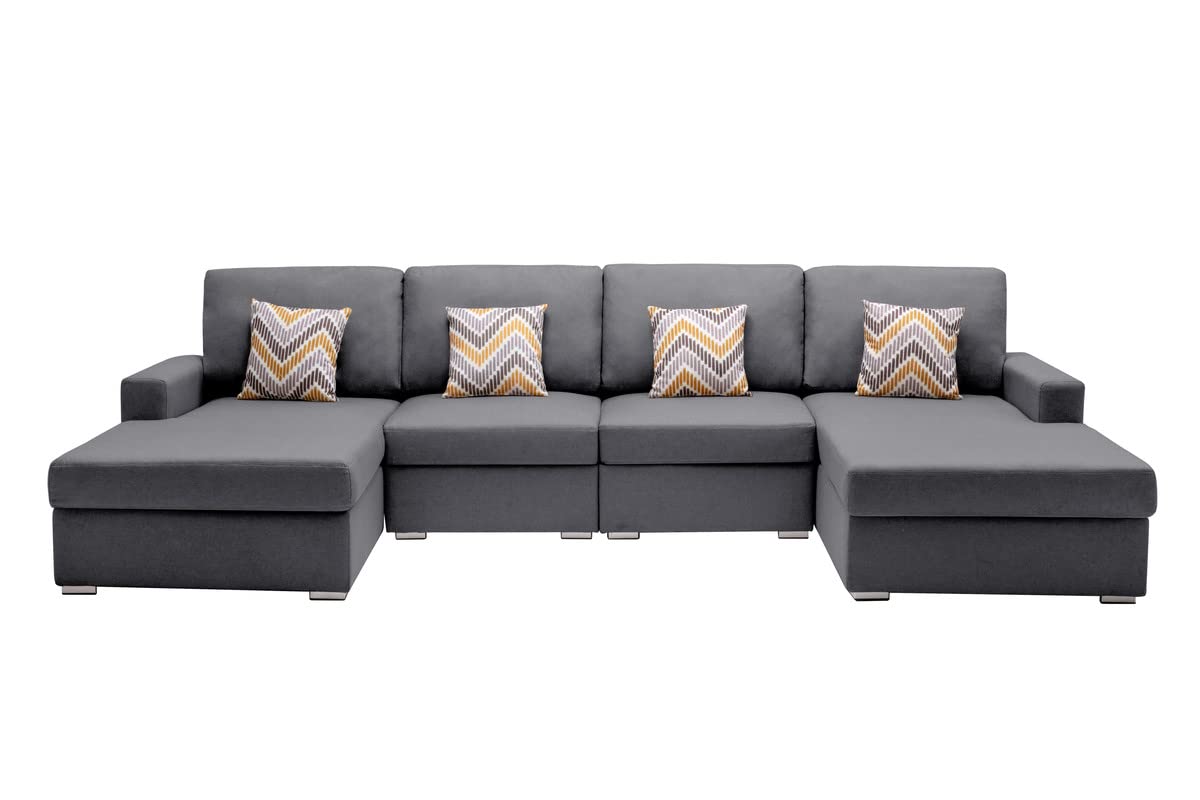 Lilola Home Nolan Gray Linen Fabric 4Pc Double Chaise Sectional Sofa with Pillows and Interchangeable Legs