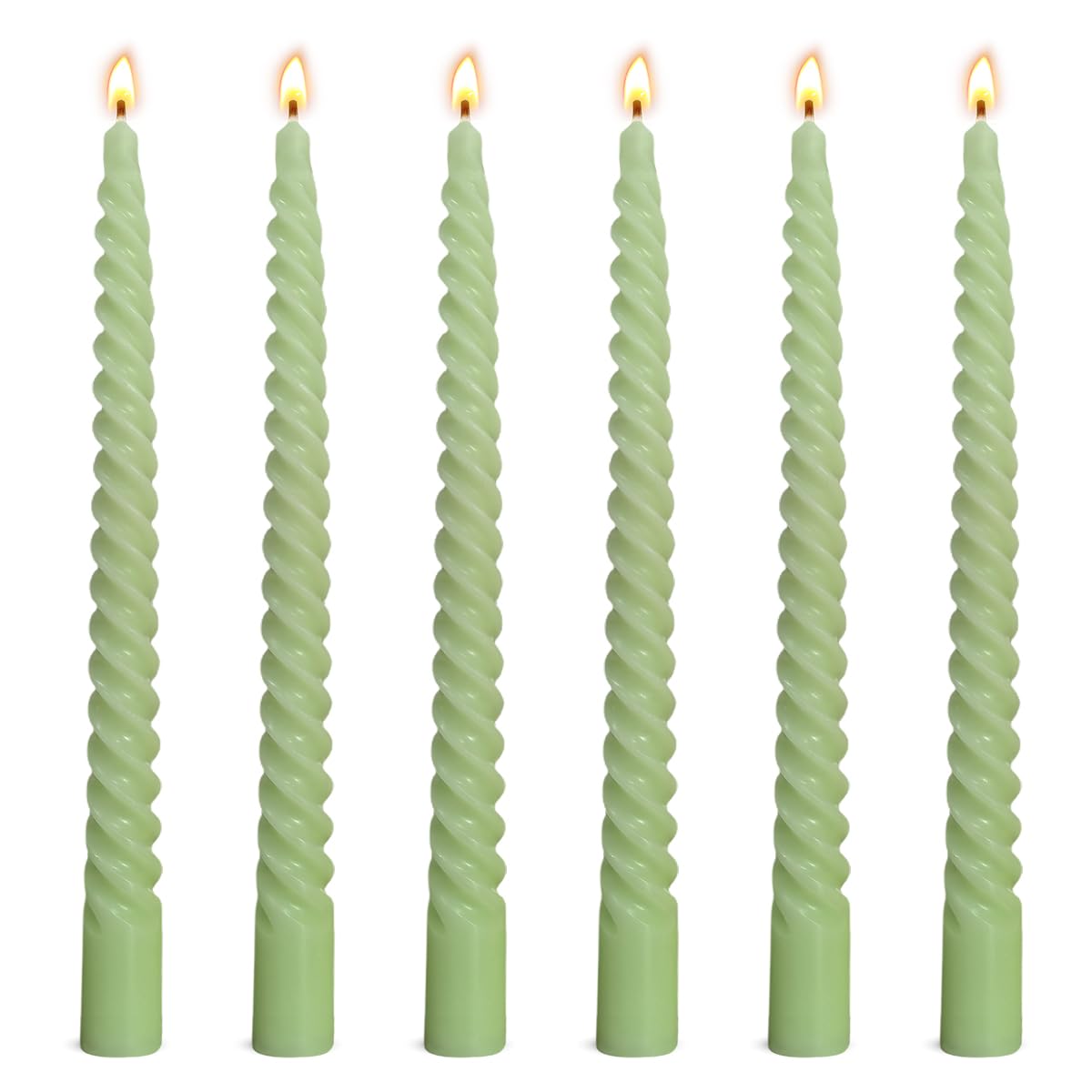 6 Pack 10 Inch Sage-Green Spiral Taper Candles for Christmas and Spring Home Decoration, Unscented Dripless Twisted Candlesticks