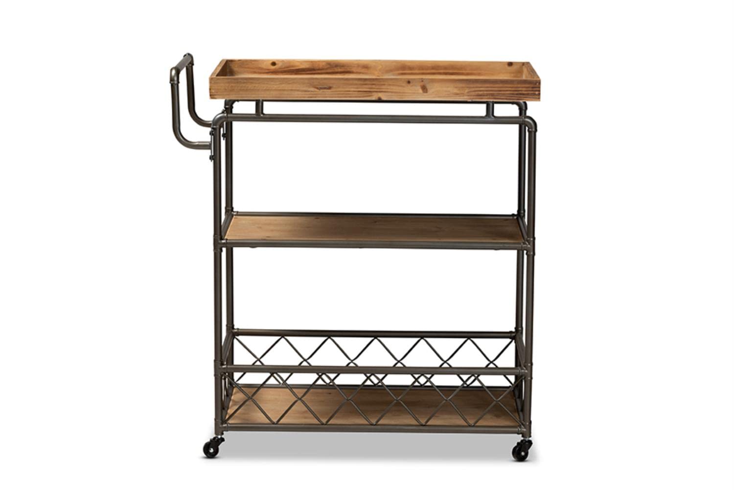 Baxton Studio Amado Rustic Industrial Farmhouse Oak Brown Finished Wood and Black Metal 3-Tier Mobile Kitchen Cart