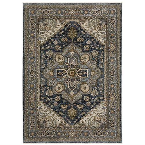 HomeRoots 508064 8 x 11 ft. Blue Taupe Gray Green Rust Tan Beige & Gold Oriental Power Loom Stain Resistant Rectangle Area Rug with Fringe