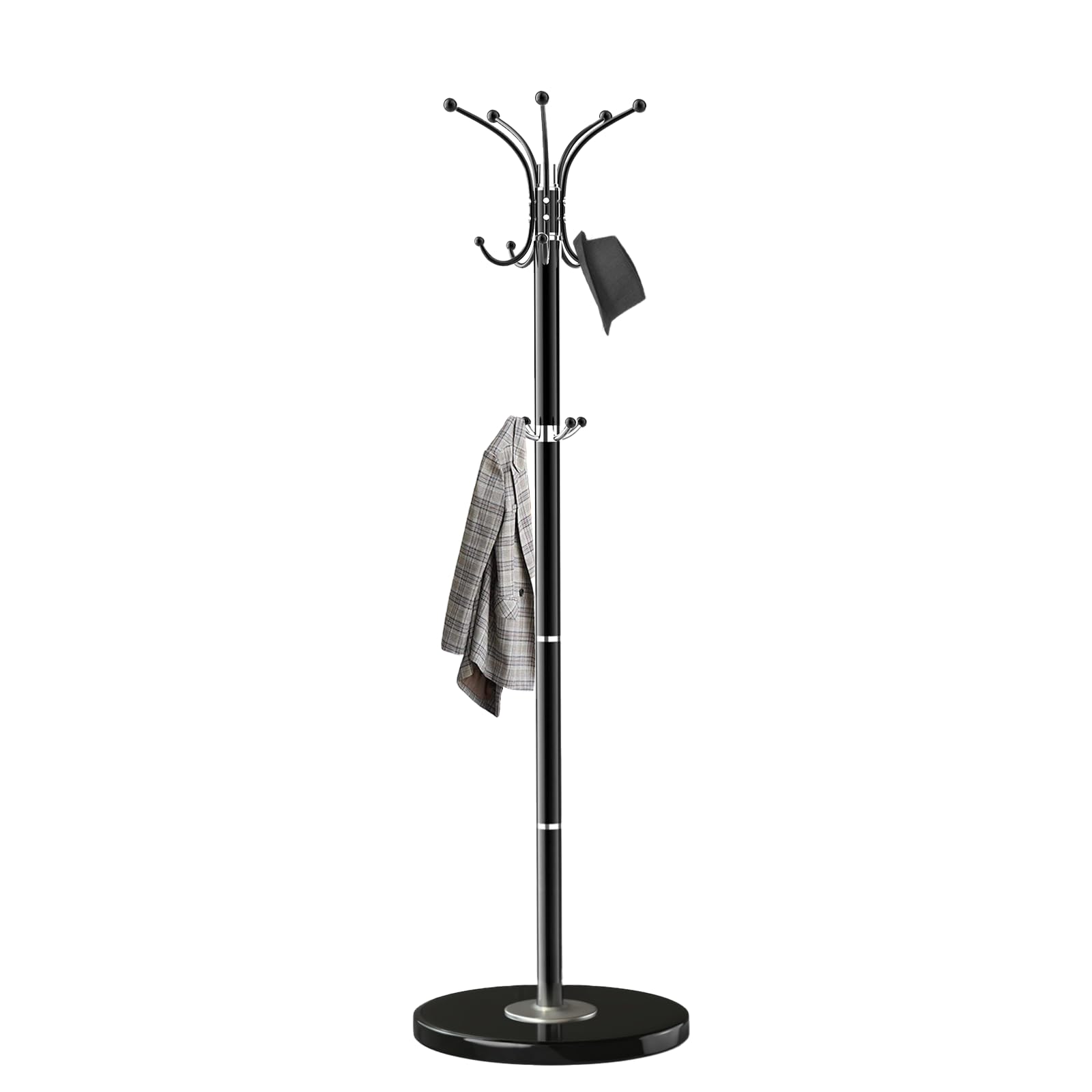 OIRUMIE Coat Rack with Natural Marble Base, Metal Freestanding Coat Rack with 14 Hooks, Coat Rack Stand for Hanging Scarf, Bag, 