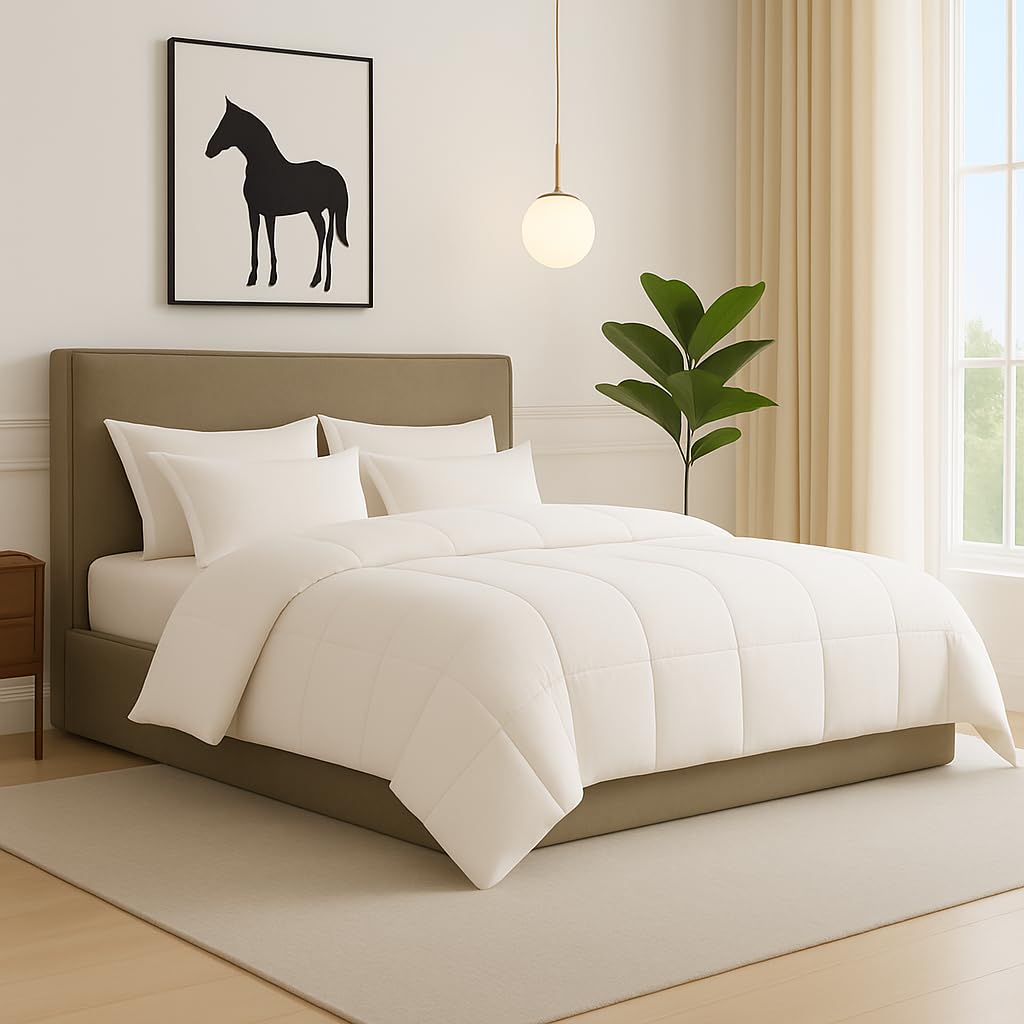 linenaffairs King Size  102x108 Comforter Set, 4 Pieces Bed in a Bag, Complete Bedding Set Includes White Comforter, Flat Sheet