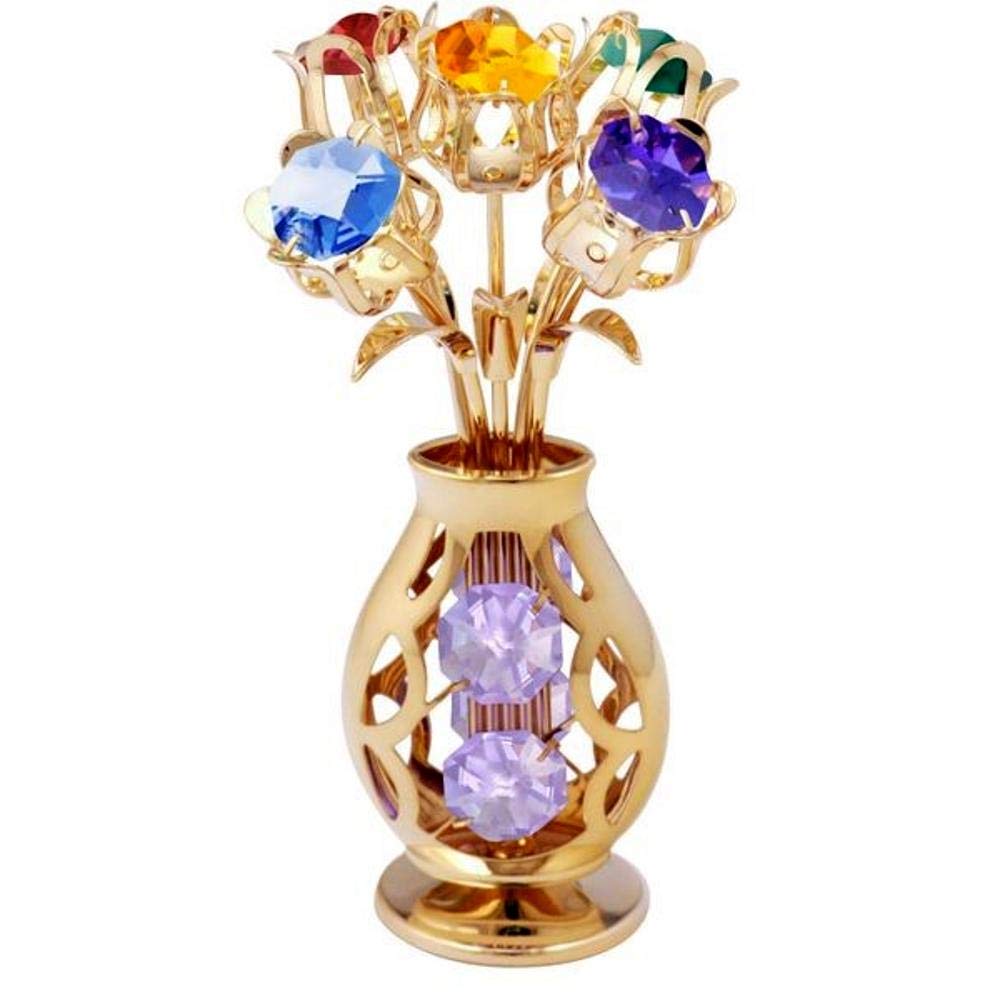 24k Gold Plated 5 Flowers in Vase Free Standing with Mixed Studded Crystals