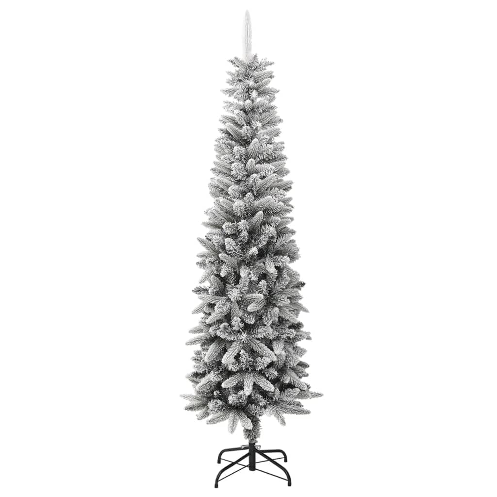 vidaXL 7ft Tall Artificial Slim Christmas Tree with Flocked Snow - Lifelike PVC & PE Construction with Sturdy Steel Stand - Easy Setup and Highly Durable