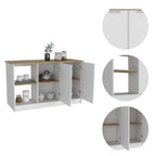 DEPOT E-SHOP Coral Kitchen Island with Large Countertop, Open Storage Shelves, Double Door Cabinet, White/Light Oak - Kitchen