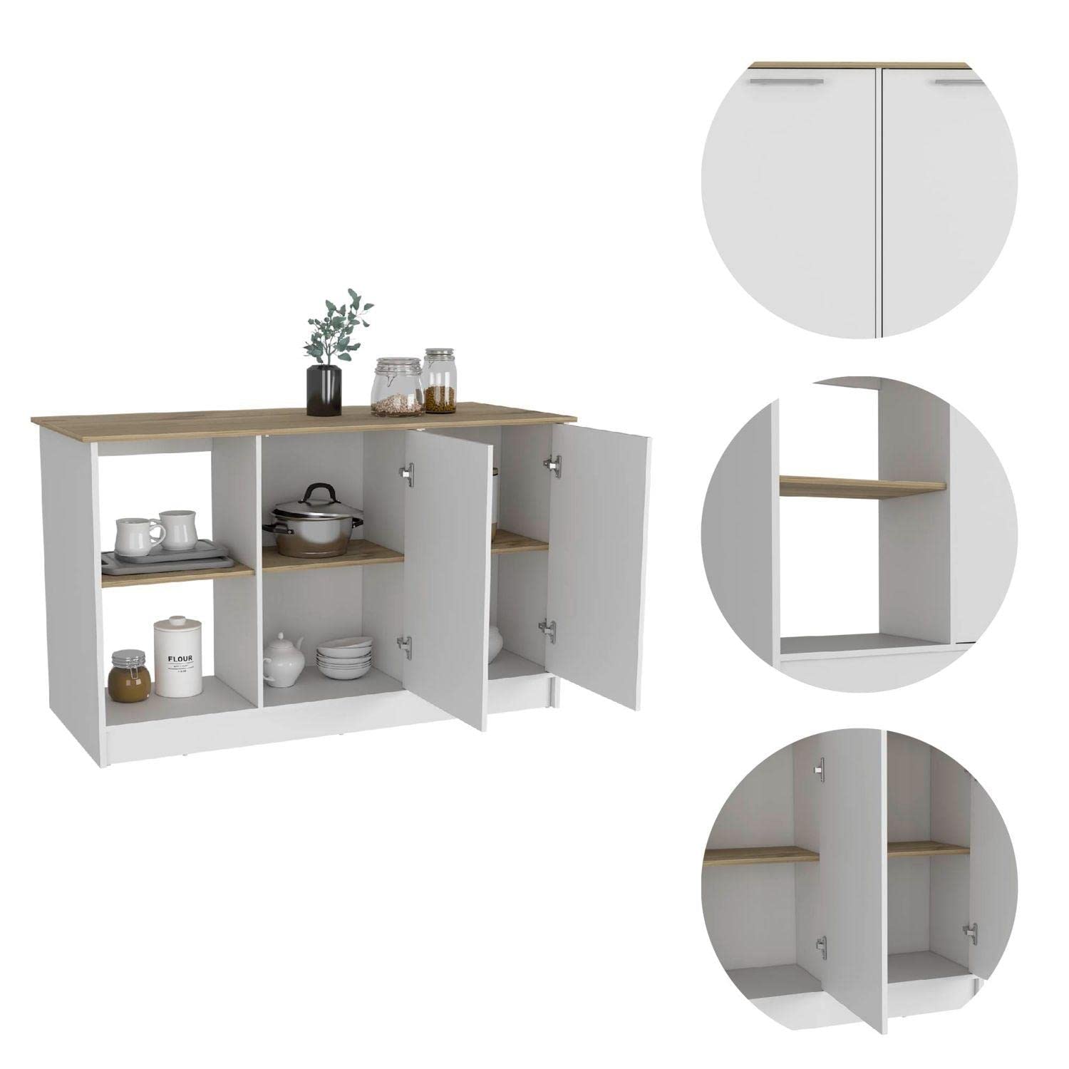 DEPOT E-SHOP Coral Kitchen Island with Large Countertop, Open Storage Shelves, Double Door Cabinet, White/Light Oak - Kitchen