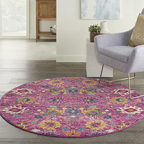 HomeRoots 100% Polypropylene 5’ Round Fuchsia and Orange Distressed Area Rug