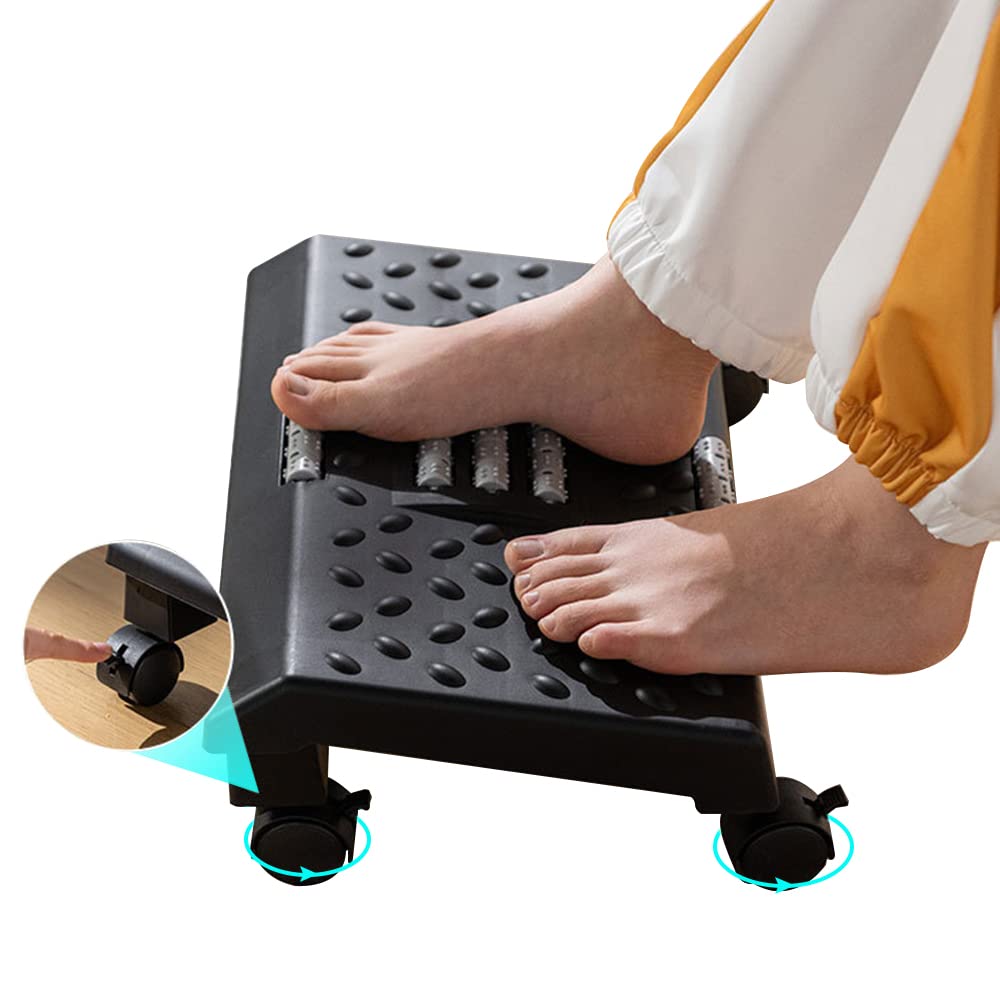 Drixty Under Desk Rolling Foot Rest With Massage Rollers, Ergonomic Footrest Stool On Wheels, AntiSlip Foot Support For Office 
