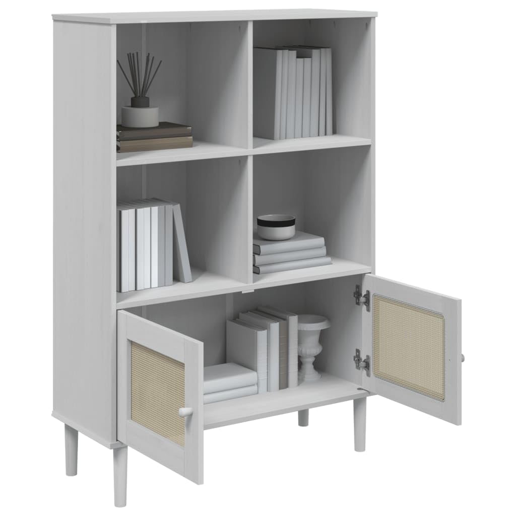 vidaXL SENJA Modern Freestanding Bookcase - Solid Pinewood with UV Varnish Finish, Poly Rattan Surface - White | 35.4&quot;x13.8&quot;x51.2&quot;