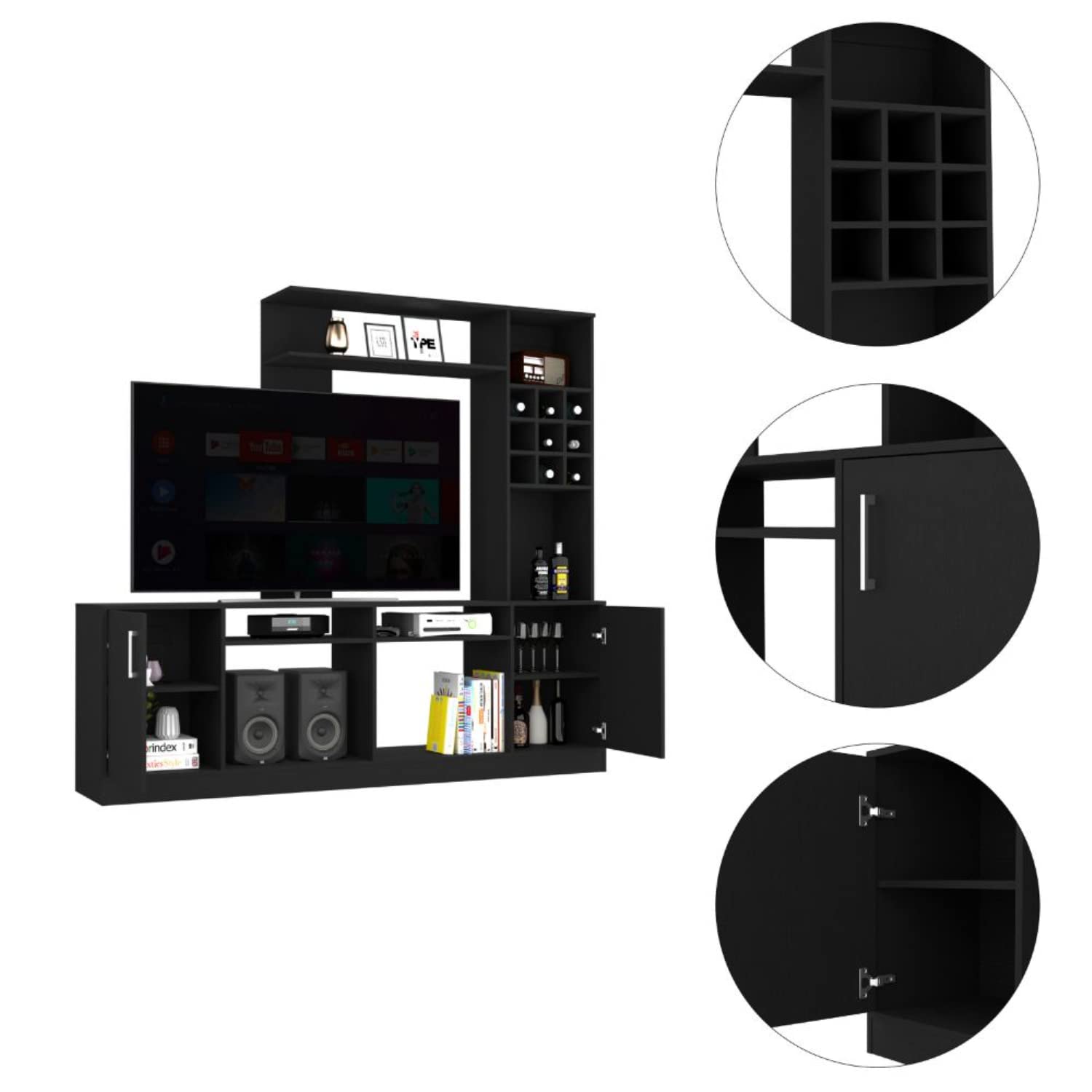 Depot E-Shop King Entertainment Center For Tvs Up 60&Quot; With 2 Cabinets, 7 External Shelves, And 6 Cubbies, Black